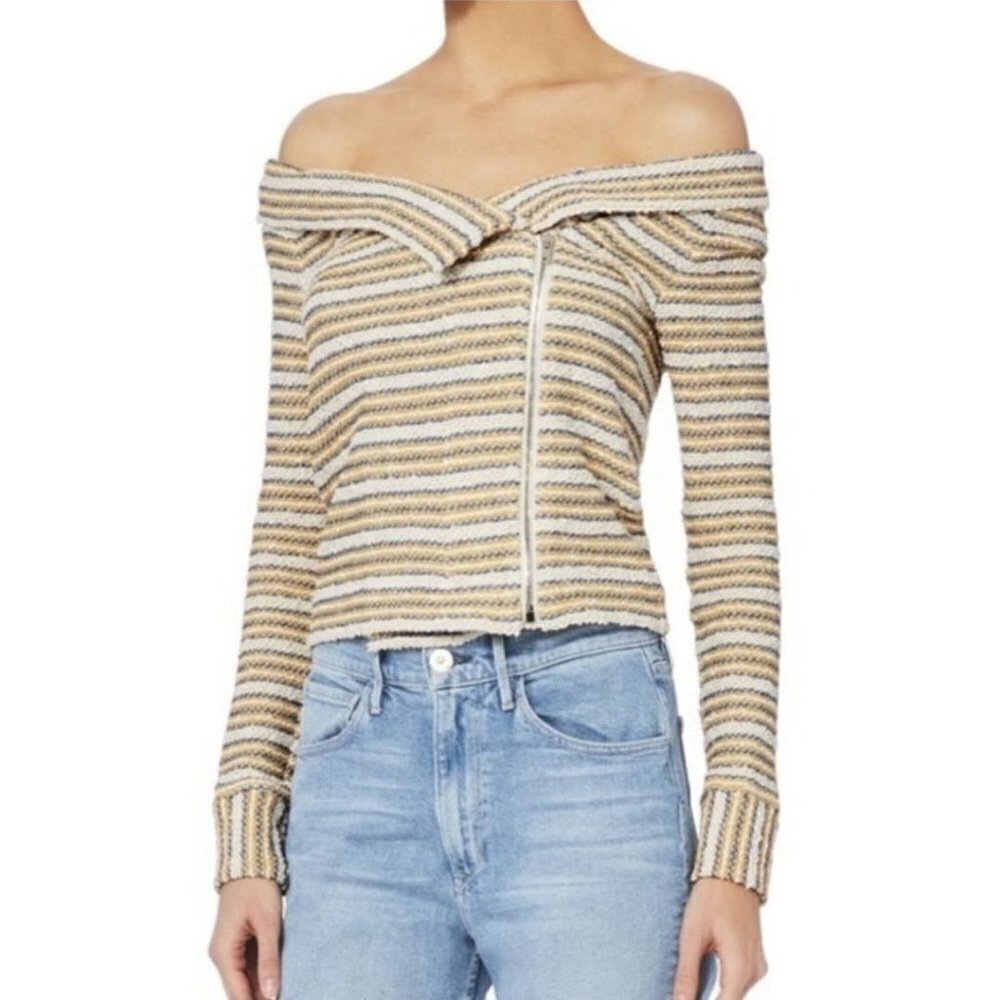 IRO Vana Stripe Knit Off Shoulder Shawl Collar Assymetric Zip Jacket Size 36(S)